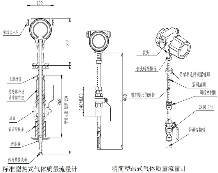 防爆熱式氣體質(zhì)量流量計(jì)插入式結(jié)構(gòu)尺寸圖